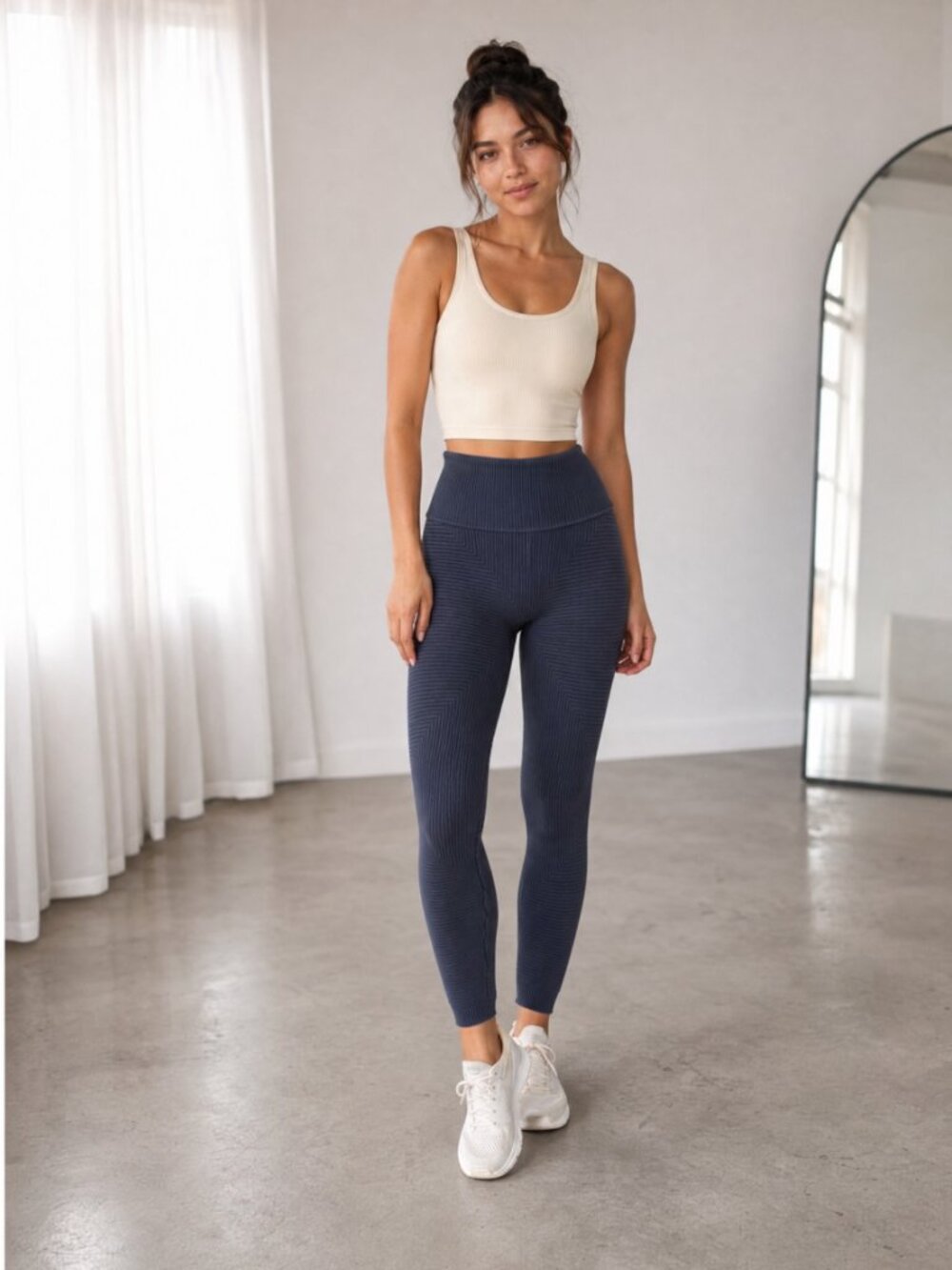 Carbon38 Ribbed Knit High Waist Leggings M Slate Blue Navy Chevron 7/8 Moto